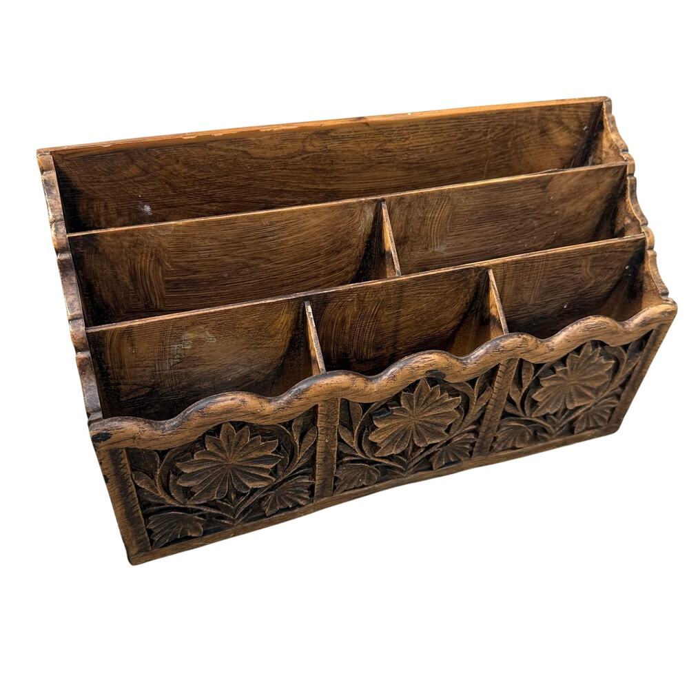 Vintage LERNER Carved Faux Wood Letter Holder Mail Organizer Storage Caddy Desk